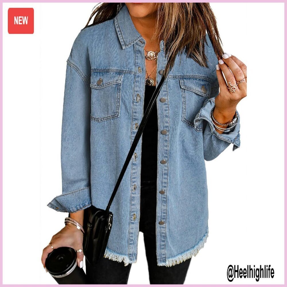 Oversized Denim Jacket Distressed Long Sleeve Button Closure Casual